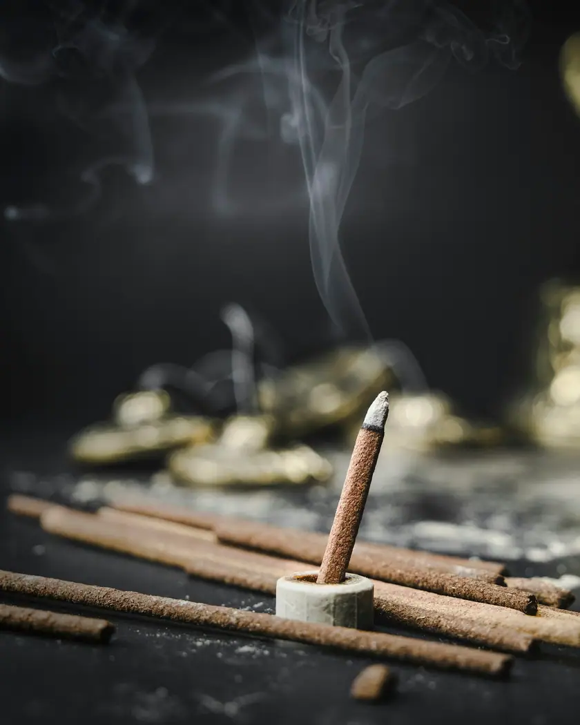 Varillas de incienso encendidas junto a recipientes dorados en un ambiente oscuro
